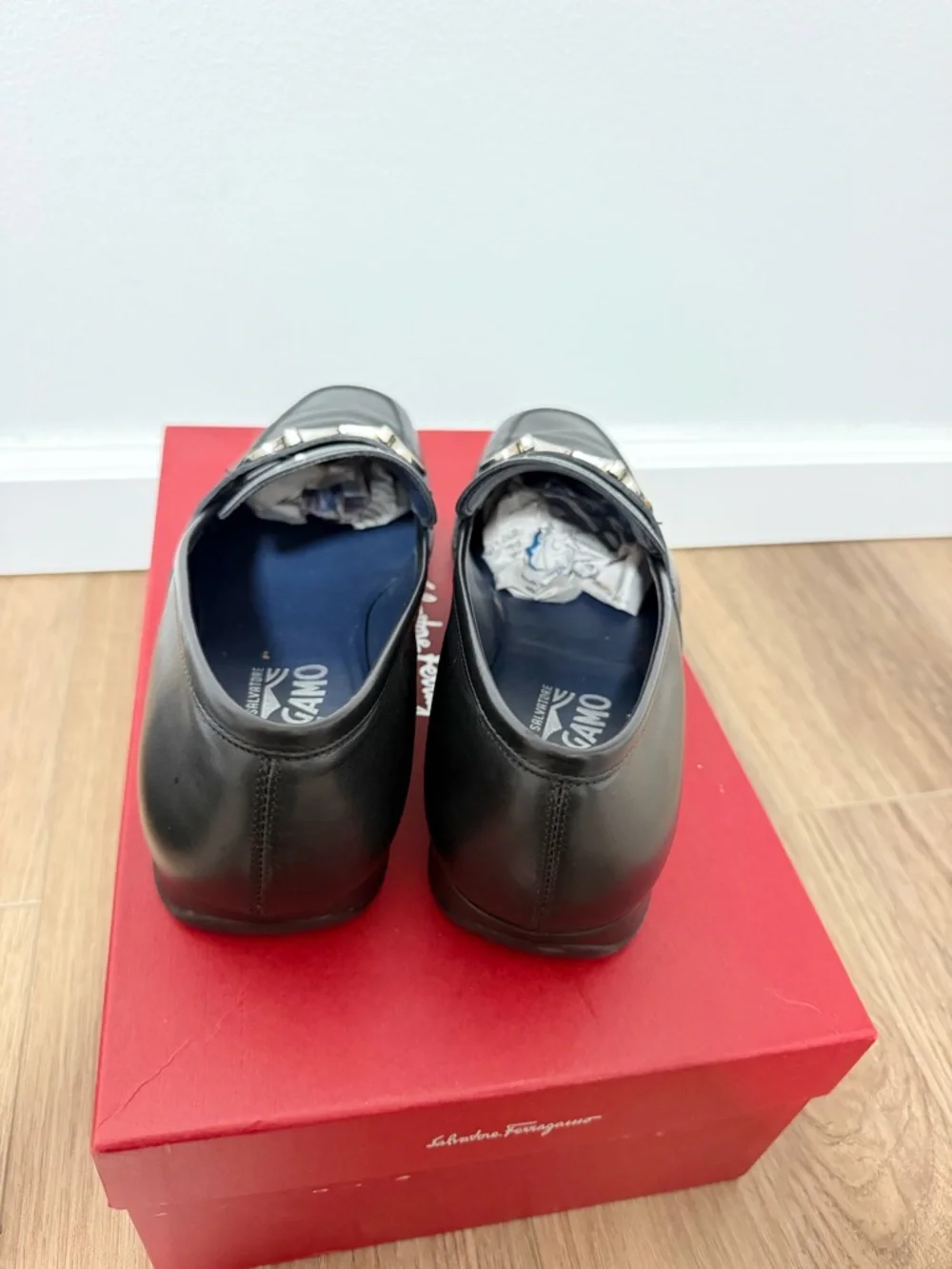 Salvatore Ferragamo Black Leather Slip-On Dress Loafers with Metal Bit